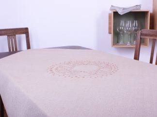 Tischdecke von Mission Ornament ®, sand, leichtes Halbleinen, handbedruckt mit orientalischem Motiv, 120 mal 120 Zentimeter