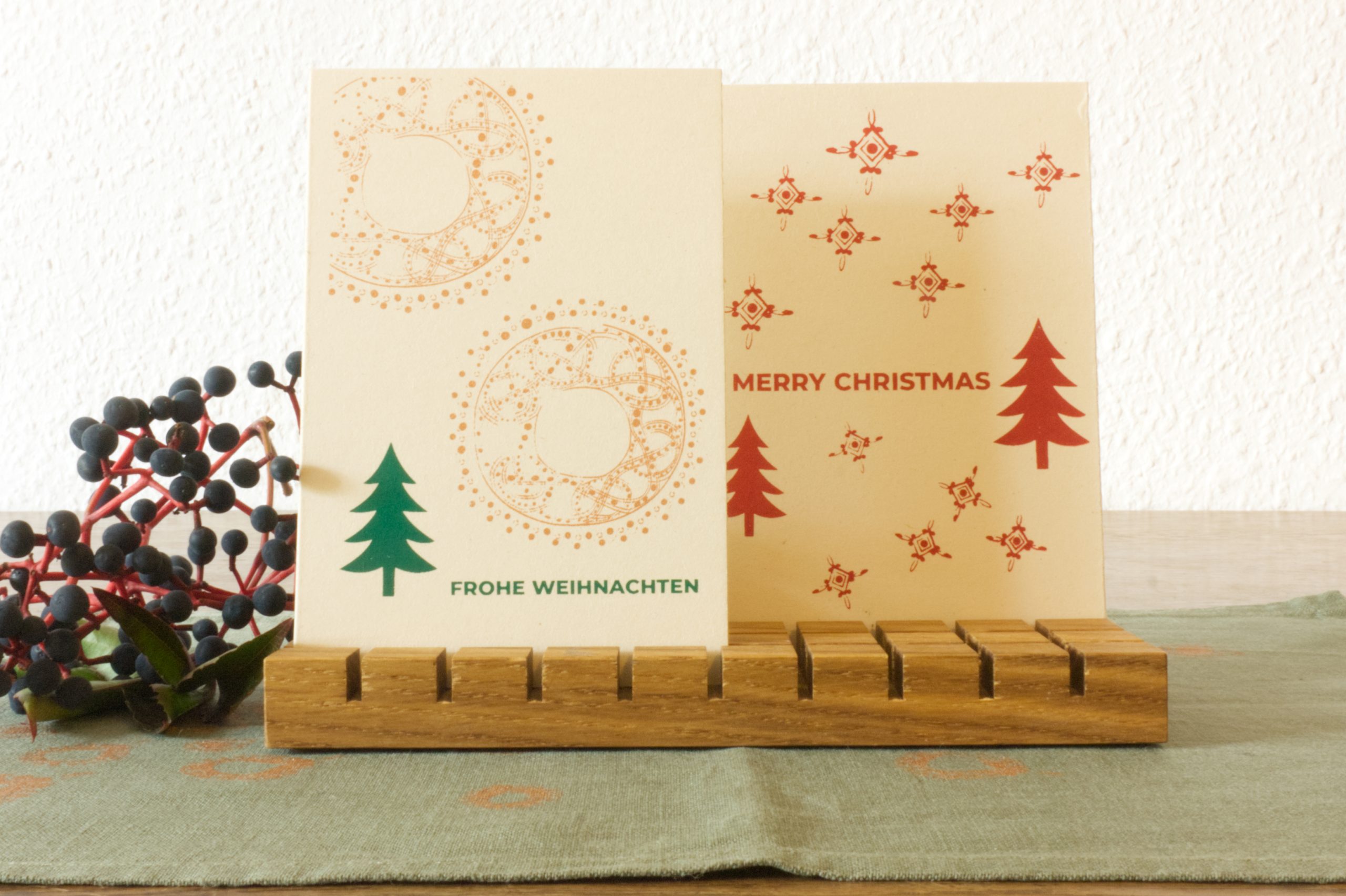 Weihnachtskarten Set, 2 Stück, Postkartenformat, ohne Umschlag, Siebdruck, rot, grün mit Bronze